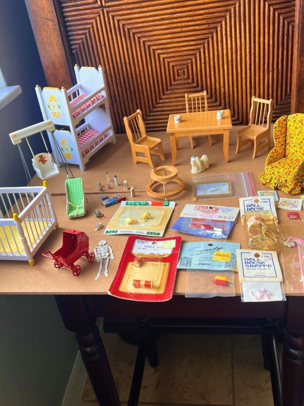 Vtg Wooden Doll House Furniture Accessories Chair Tables Nursery Books Kitchen